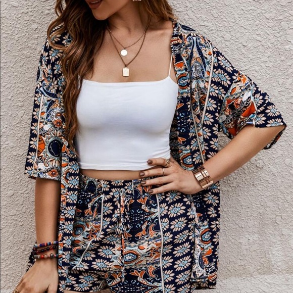 Boho Floral Paisley Print Open Front Kimono Top Shirt Blouse Shorts Set PINK - Picture 11 of 14